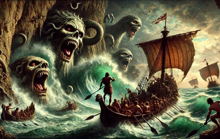 Aeneas ve Troyalılar, denizde Scylla ve Charybdis'in dehşet verici yaratıklarıyla karşılaşıyor. Dev dalgalar ve canavarlarla dolu tehlikeli bir geçiş.