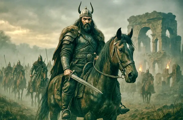 Attila’nın at üzerinde zırhlı halde ilerlediği, arkasında Hun savaşçılarının ve yıkılmış Roma yapılarının göründüğü sahne.