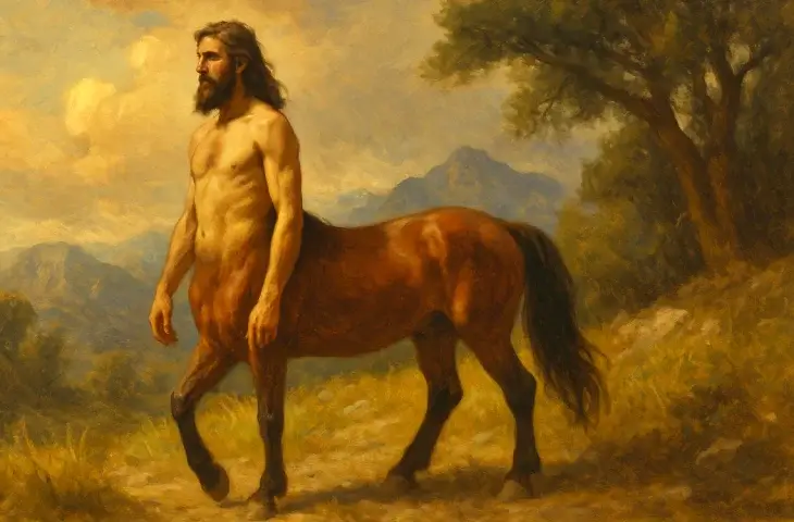 Dağlık bir manzara önünde yürüyen bir kentaur; sakin bir ifade ile orman patikasında ilerliyor.