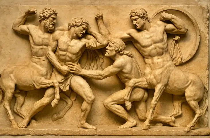 Antik Yunan kabartmasında kentaurlar ile Lapith savaşçıların mücadelesi betimlenmiş; figürler dinamik hareketlerle taş üzerine oyulmuş, sahnede güç ve kaos iç içe görülüyor.