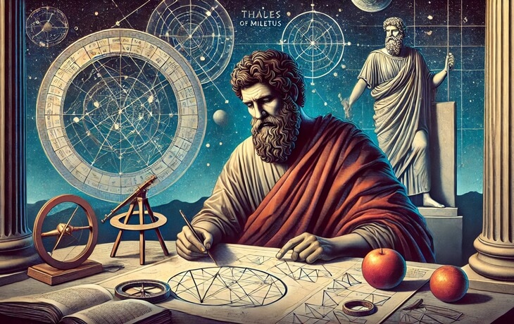 A depiction of ancient Greek philosophers engaged in discussion.