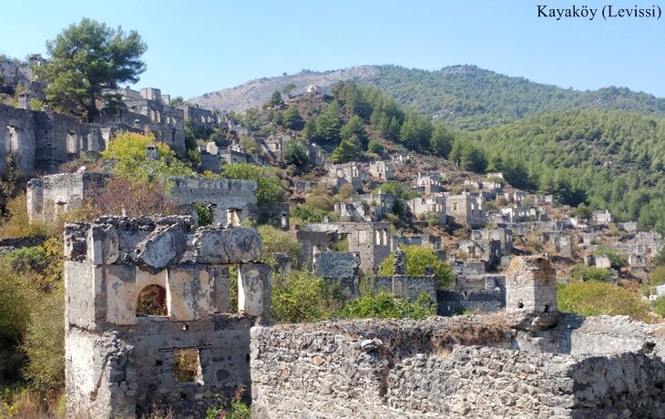 Fethiye'deki Kayaköy (Levissi) kalıntıları, yamaçlara yayılmış terk edilmiş taş evler ve arka planda çam ormanları.