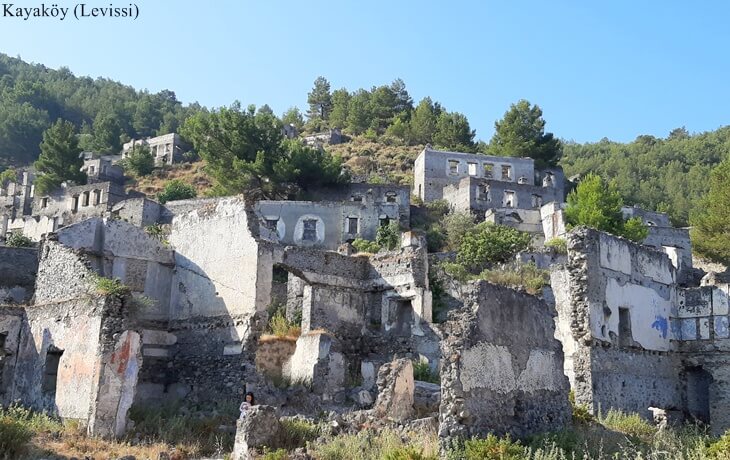 Kayaköy (Levissi)’de yamaç boyunca sıralanmış terk edilmiş taş ev kalıntıları ve arka planda çam ormanları.