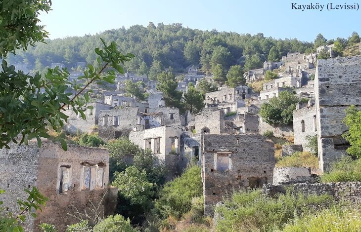 Kayaköy (Levissi) yamaçlarına yayılmış terk edilmiş taş evler ve ön planda ağaç yaprakları.