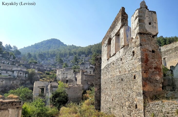 Kayaköy (Levissi) kalıntılarında ayakta kalan taş yapılar ve arka planda ormanlık dağ manzarası.