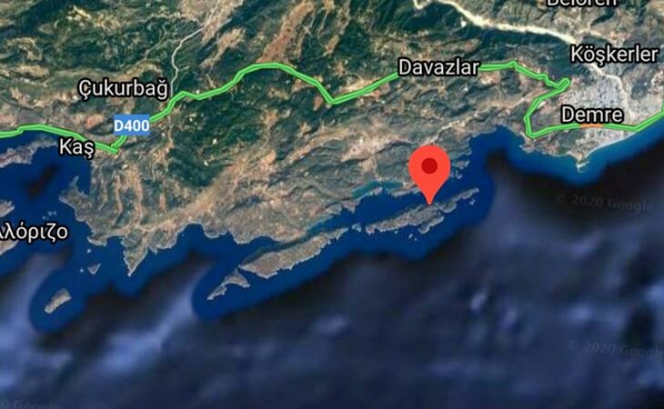 Kekova’nın Kaş ve Demre arasındaki konumunu gösteren uydu haritası