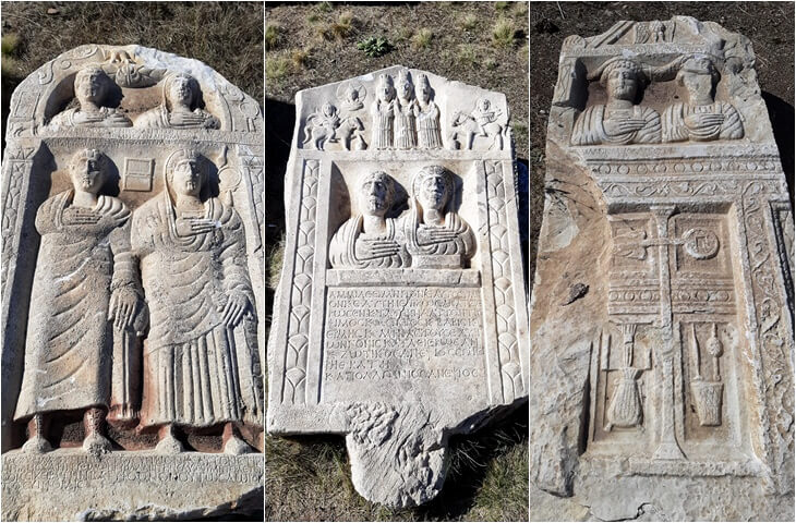 aizanoi roma dönemi mezar stelleri, çift figürlü kabartmalar ve üst bölümde aile sahneleri, sembolik motifler ve yazıtlı stel örnekleri, kutahya cavdarhisar antik kent
