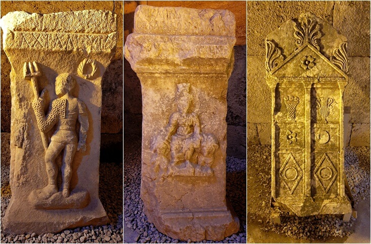 aizanoi zeus tapinagi alt mekanda sergilenen roma dönemi mezar stelleri, gladyator figürü, kabartmalı sunak ve sembolik motifli stel, kutahya cavdarhisar antik alan
