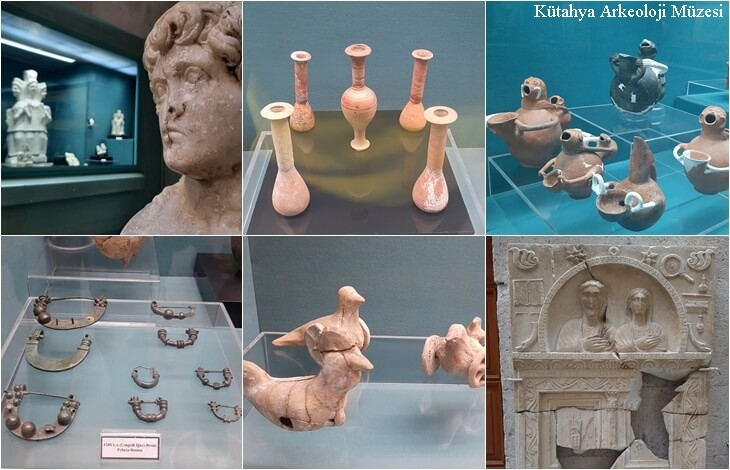 kütahya arkeoloji müzesi eserleri, antik heykel büstü, roma dönemi cam ve seramik kaplar, bronz takılar, hayvan biçimli oyuncaklar, mezar steli kabartmaları, arkeolojik buluntular