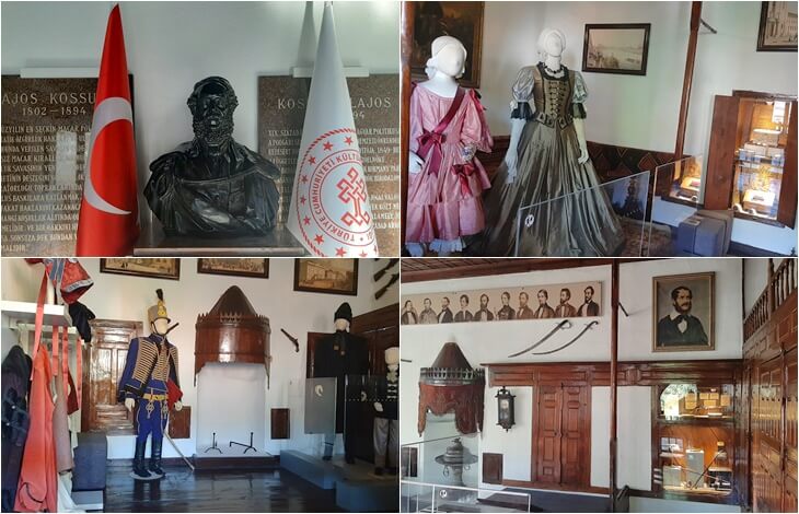 kütahya lajos kossuth müzesi iç mekan, macar evi sergisi, kossuth büstü, dönemin askeri üniformaları, 19. yüzyıl kıyafetleri, tarihi belgeler ve etnografik koleksiyonlar