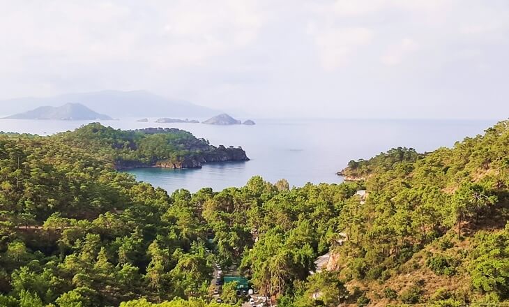 Katrancı Koyu'na yukarıdan bakış, çam ağaçlarıyla çevrili doğa ve sakin deniz manzarası