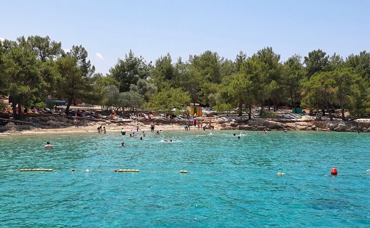 İncekum Plajı&rsquo;nda &ccedil;am ağa&ccedil;larıyla &ccedil;evrili kıyı, y&uuml;zmekte olan insanlar ve turkuaz deniz