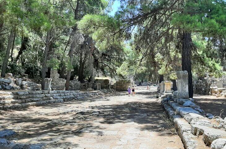 Phaselis Antik Kenti – çam ağaçları arasında uzanan taş döşeli sütunlu cadde ve antik kalıntılar