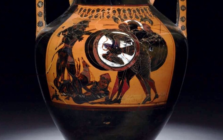 Herakles&rsquo;in &uuml;&ccedil; g&ouml;vdeli Geryoneus&rsquo;un s&uuml;r&uuml;lerini &ccedil;almak i&ccedil;in &uuml;&ccedil; başlı k&ouml;pek Orthos ile savaştığı sahne.