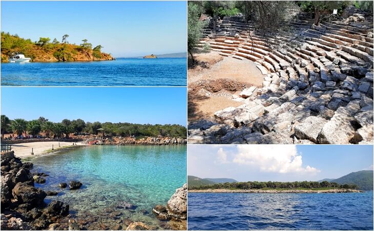Sedir Adası'nın çevresindeki turkuaz sular ve çam ağaçlarıyla kaplı ada manzarası