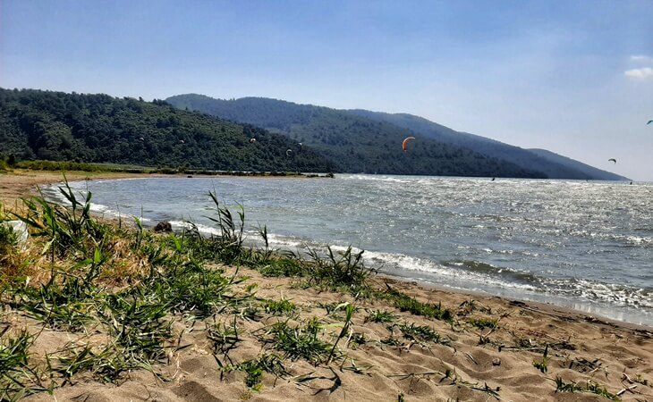 Gökova'da rüzgarlı Akçapınar Plajı, dalgalar ve uçurtma sörfü yapan sporcular.