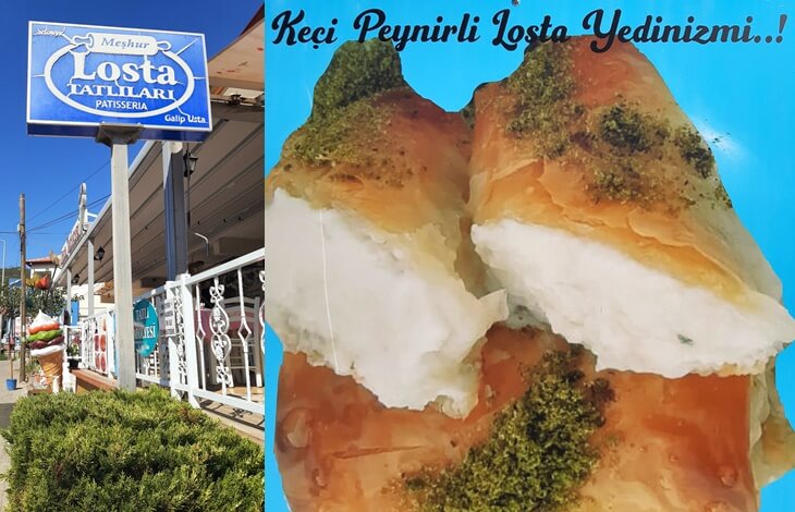 Selimiye’deki Meşhur Losta Tatlıları dükkanı ve keçi peyniriyle hazırlanmış özel Losta tatlısının tanıtım görseli.