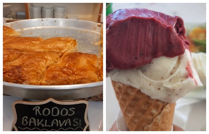 Bir tepside Selimiye’ye özgü Rodos baklavası, yanında ise külah içinde vişneli ve damla sakızlı dondurma servisi.