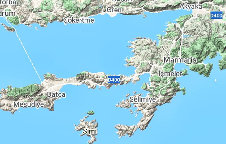 Marmaris, Selimiye, Dat&ccedil;a ve &ccedil;evresini g&ouml;steren G&uuml;ney Ege kıyılarına ait detaylı harita g&ouml;r&uuml;nt&uuml;s&uuml;.