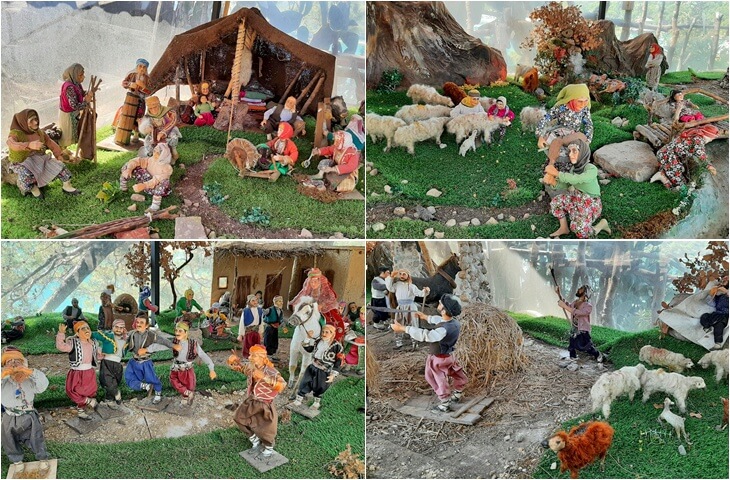 Kemer Y&ouml;r&uuml;k Parkı&rsquo;nda sergilenen minyat&uuml;r fig&uuml;rlerle hazırlanmış geleneksel Y&ouml;r&uuml;k yaşam sahneleri