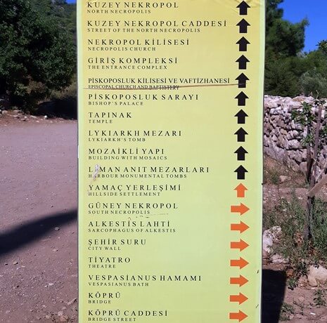 Olympos Antik Kenti içinde yön gösteren, nekropolden tiyatroya kadar birçok yapıyı işaret eden Türkçe ve İngilizce bilgi tabelası