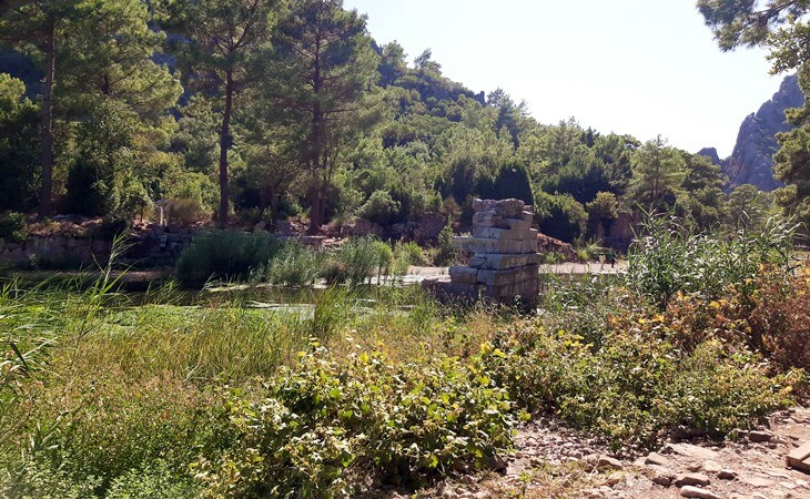 Olympos Antik Kenti’nde, iki yakayı birbirine bağlayan eski köprüye ait taş ayak kalıntısı ve çevresindeki yeşillik alan
