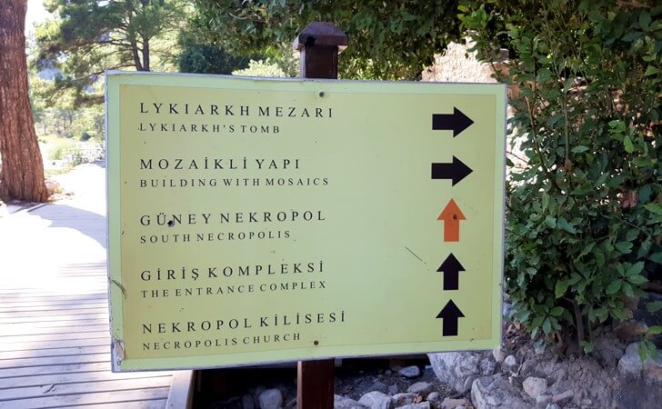 Olympos Antik Kenti’nde Lykıarkh Mezarı, mozaikli yapı, güney nekropol ve diğer kalıntılara yön gösteren Türkçe–İngilizce açıklamalı yön tabelası