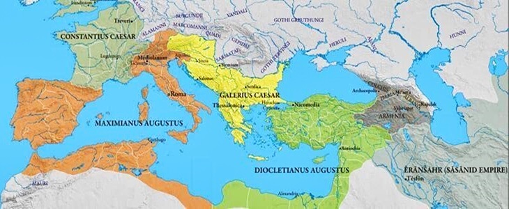 Roma İmparatoru Diocletianus’un tetrarşi dönemindeki yönetim paylaşımını gösteren harita; dört bölgeye ayrılmış imparatorluk coğrafyası ve Augustus–Caesar bölgeleri.