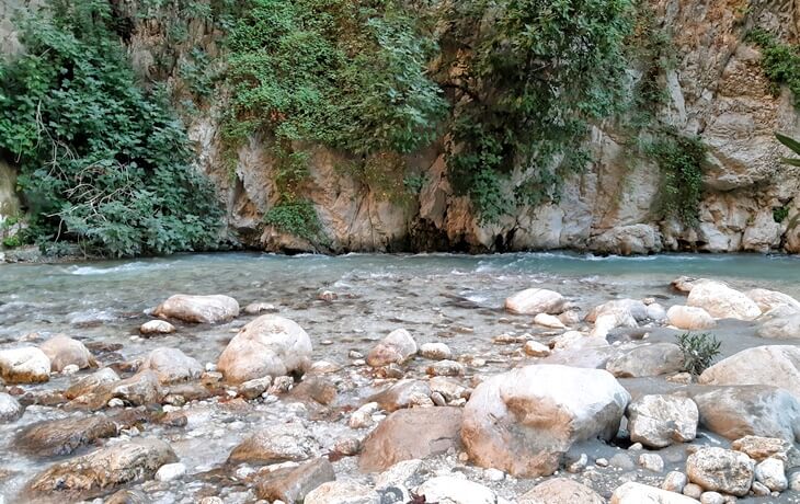 Saklıkent Kanyonu’nda çakıl taşlarıyla kaplı dere yatağı ve kayalıklarla çevrili yeşilliklerle dolu kanyon duvarı