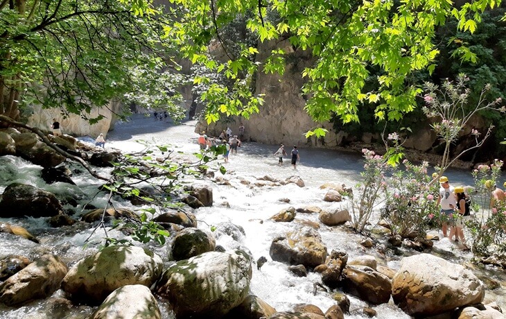 Saklıkent Kanyonu'nda suyun içinde yürüyen turistler, çevresinde kayalar, yeşillikler ve çiçekler