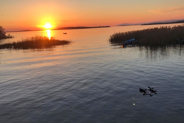 G&ouml;lyazı&rsquo;da Uluabat G&ouml;l&uuml; &uuml;zerinde g&uuml;n batımı, sazlıklar, sandallar ve y&uuml;zmekte olan &ouml;rdekler