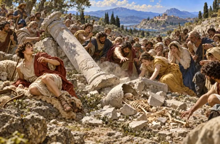 Orpheus’un kemikleri ortaya çıkarılırken Leibethra halkı yıkılmış mezarın çevresinde toplanıyor