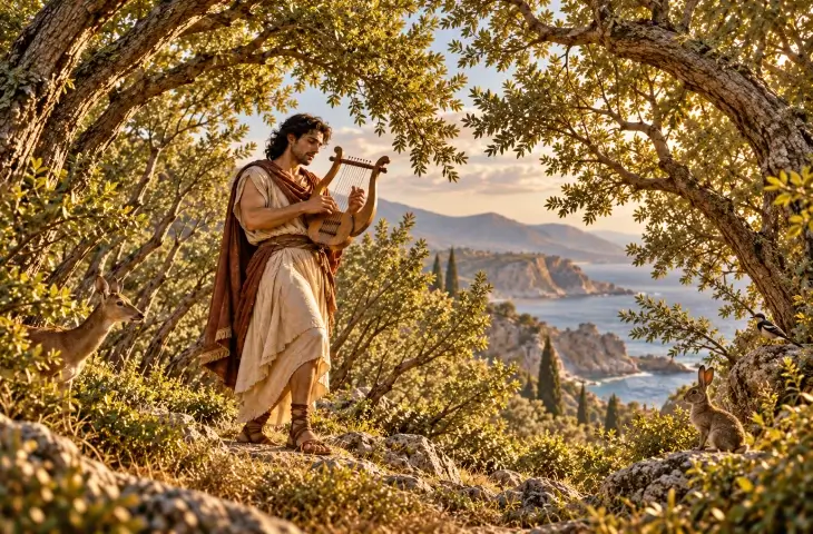 Orpheus lir çalarken ağaçlar arasında onu dinleyen geyik, tavşan ve kuşlarla tasvir edilir