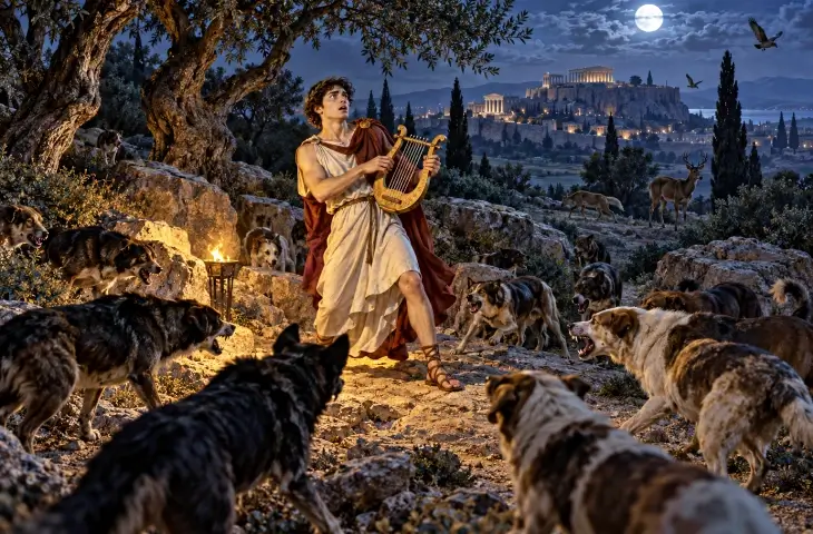 Neanthos, Orpheus’un lirini çalarken gece vakti etrafını saran köpekler arasında tasvir ediliyor