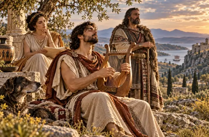Orpheus lir çalarken yanında annesi Kalliope ve babası Oiagros ile birlikte tasvir edilir