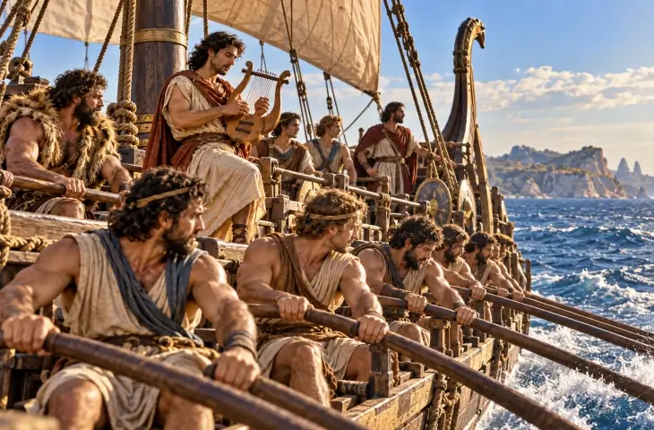 Orpheus Argo gemisinde lir çalarken Argonautlar kürek çekiyor