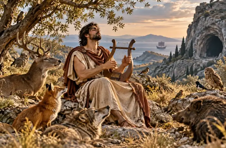 Orpheus lir çalarken çevresinde toplanan geyik, tilki, kurt, yaban domuzu ve kuşlar