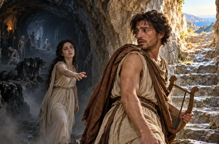 Orpheus yeraltı dünyasından çıkarken arkasına dönüp Eurydike’ye bakıyor; Eurydike yeniden yeraltına çekiliyor