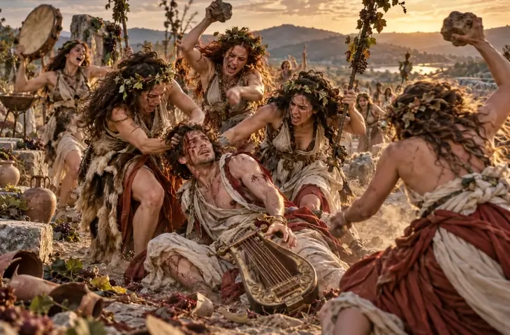 Kikon kadınları Orpheus’u yere düşürüp taşlar ve sopalarla saldırırken liri yanında görülüyor