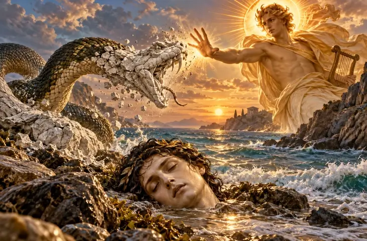 Apollon, Lesbos kıyısında Orpheus’un kesik başına saldıran yılanı taşa dönüştürüyor