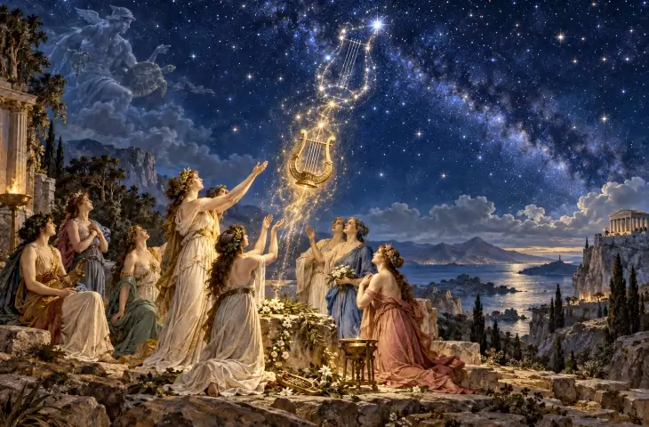 Orpheus’un liri Mousalar tarafından gökyüzüne yükseltilirken Lyra takımyıldızıyla ilişkilendiriliyor