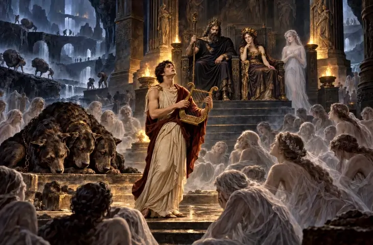 Orpheus yeraltı dünyasında lir çalarken Hades ve Persephone’yi etkiliyor; Kerberos ve ölü ruhlar çevresinde toplanıyor
